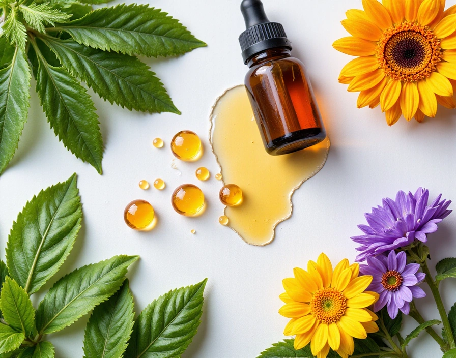 A vibrant collage of natural elements like herbs, flowers, and essential oils, representing natural ingredients and sustainability.